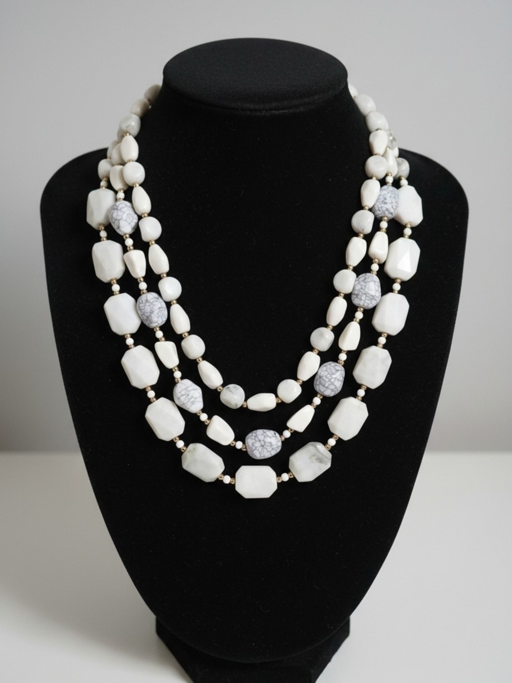 Triple-Strand White Stone Bead Necklace with Subtle Gray Veining